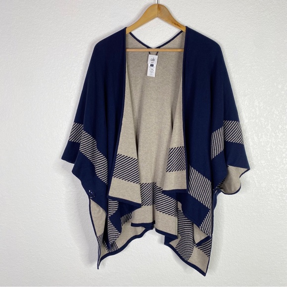 CAbi Blue & Gray Cotton Blend Reversible Wrap Sweater Poncho - Picture 2 of 8